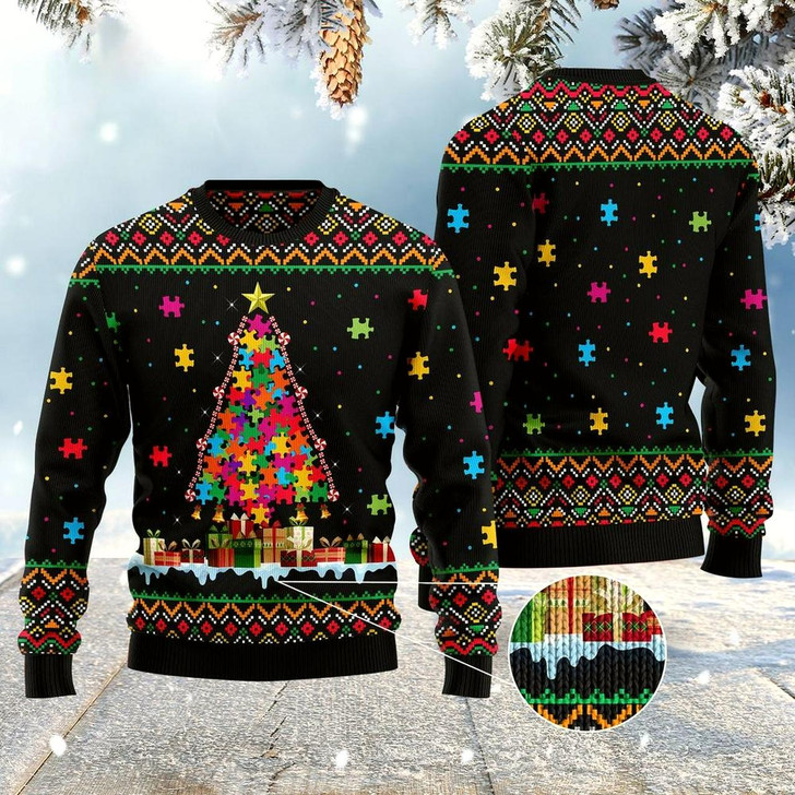 Goofygearprints Xmas Tree Sweater, Autism Tree Christmas Ugly Christmas Sweater, Funny Xmas Sweater