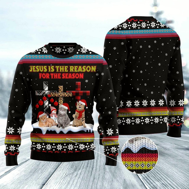 Goofygearprints Cat Xmas Sweater, Jesus Is The Reason For The Season Cat Ugly Christmas Sweater, Sweater Xmas