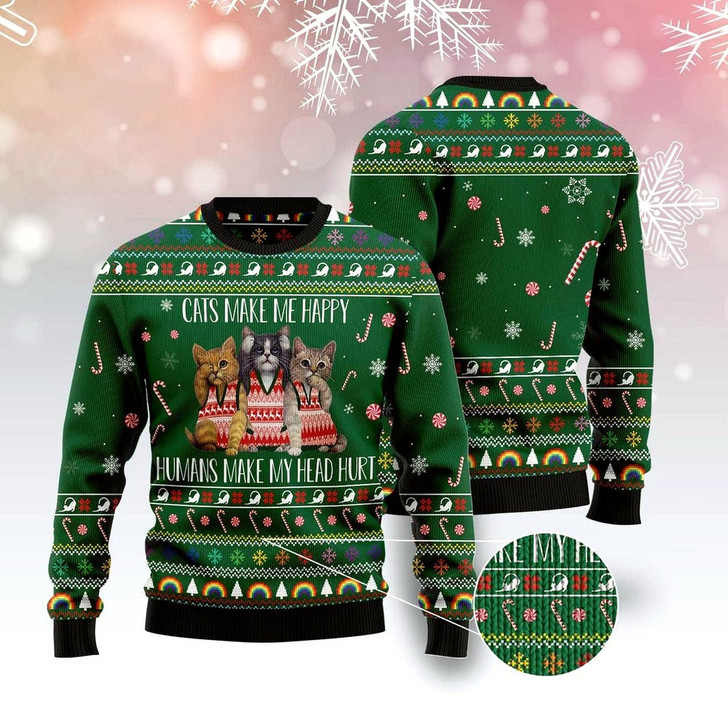 Goofygearprints Cat Xmas Sweater, Cats Make Me Happy Ugly Christmas Sweater, Sweater Xmas