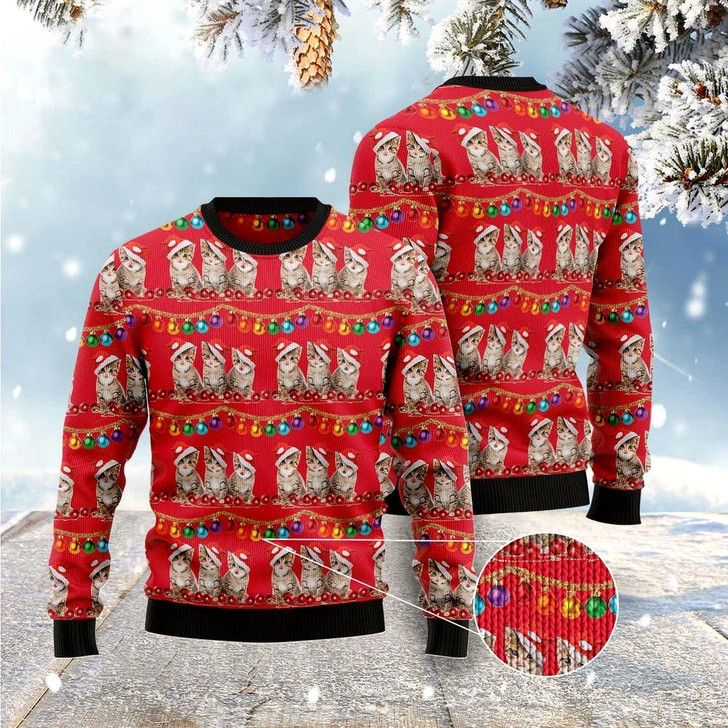 Goofygearprints Cat Xmas Sweater, Cat Themed Kitten Ugly Christmas Sweater, Sweater Xmas