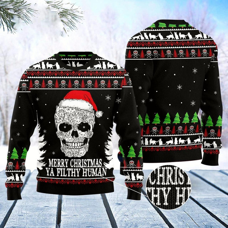 Goofygearprints Cat Xmas Sweater, Cat Skull Santa Ugly Christmas Sweater, Sweater Xmas