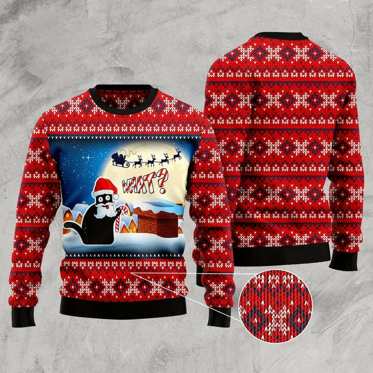 Goofygearprints Cat Xmas Sweater, Black Cat What Ugly Christmas Sweater, Sweater Xmas