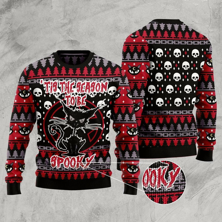 Goofygearprints Cat Xmas Sweater, Black Cat Spooky Halloween Ugly Christmas Sweater, Sweater Xmas