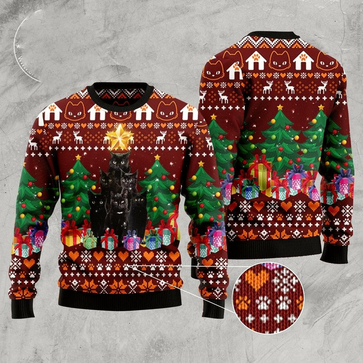 Goofygearprints Cat Xmas Sweater, Black Cat Pine Tree Ugly Christmas Sweater, Sweater Xmas