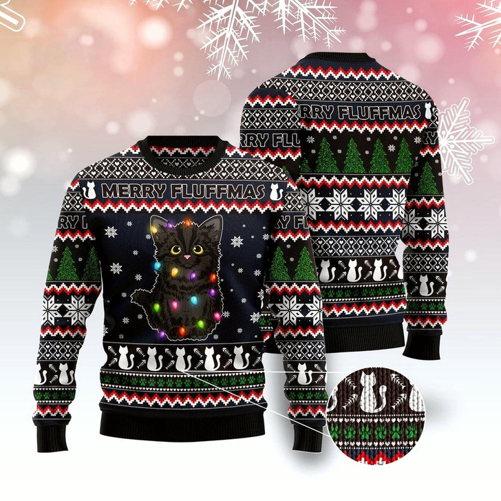 Goofygearprints Cat Xmas Sweater, Black Cat Fluffmas Ugly Christmas Sweater, Sweater Xmas