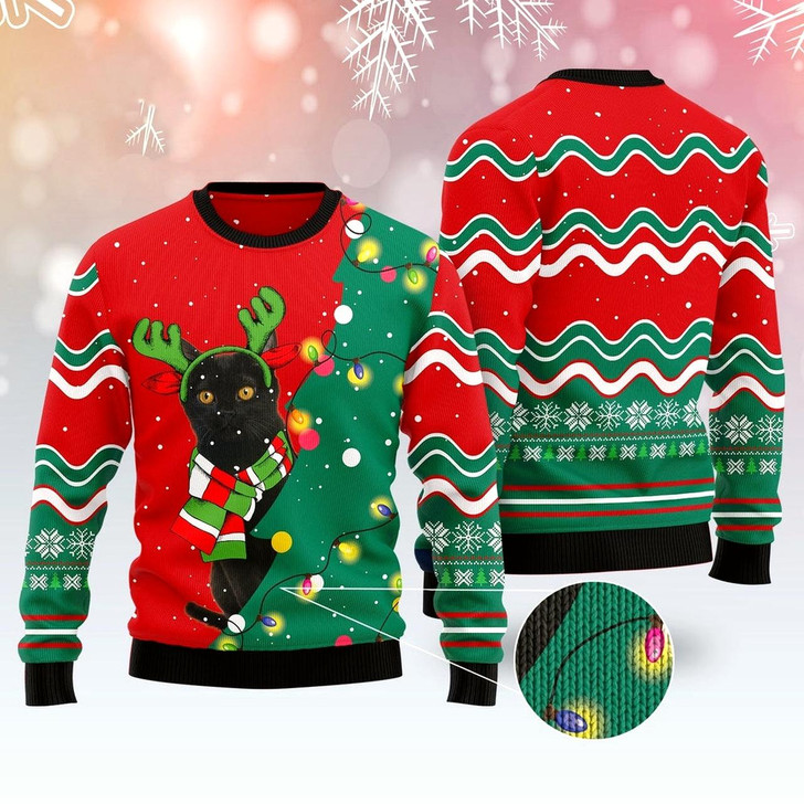 Goofygearprints Cat Xmas Sweater, Black Cat Christmas Tree Led Light Ugly Christmas Sweater, Sweater Xmas