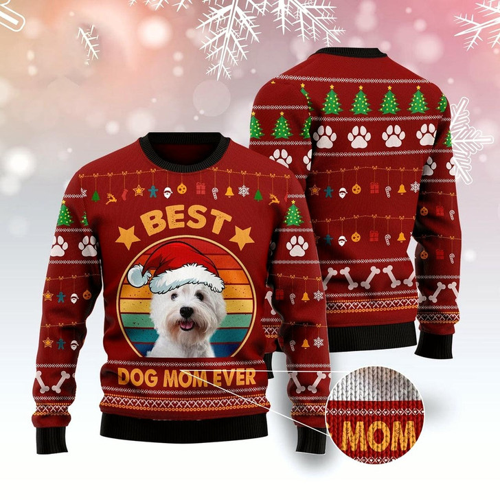 Goofygearprints Dog Xmas Sweater, West Highland White Terrier Best Dog Mom Ever Ugly Christmas Sweater, Funny Xmas Sweater