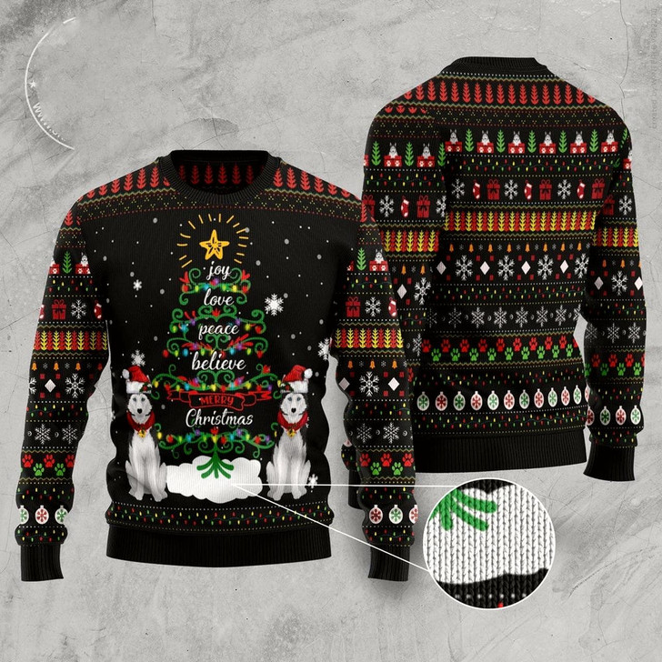 Goofygearprints Dog Xmas Sweater, Siberian Husky Joy Love Peace Believe Merry Christmas Ugly Christmas Sweater, Funny Xmas Sweater