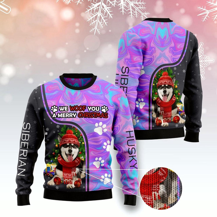 Goofygearprints Dog Xmas Sweater, Siberian Husky Hologram Color Ugly Christmas Sweater, Funny Xmas Sweater