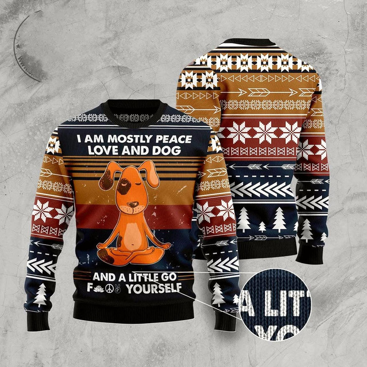 Goofygearprints Dog Xmas Sweater, Peace Love And Dog Ugly Christmas Sweater, Funny Xmas Sweater