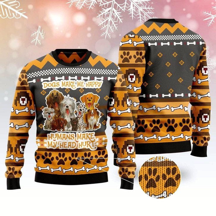 Goofygearprints Dog Xmas Sweater, Cute Dogs Make Me Happy Ugly Christmas Sweater, Funny Xmas Sweater