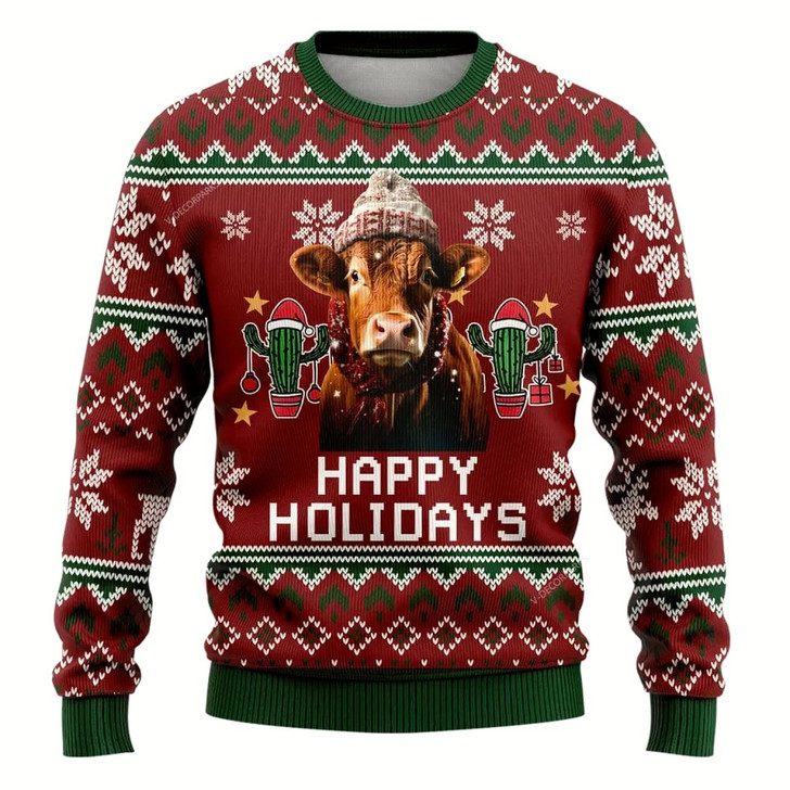 Goofygearprints Farmers Sweater, Red Angus Cows Ugly Christmas Sweater, Christmas Crewneck Sweater, Winter Farm Fashion