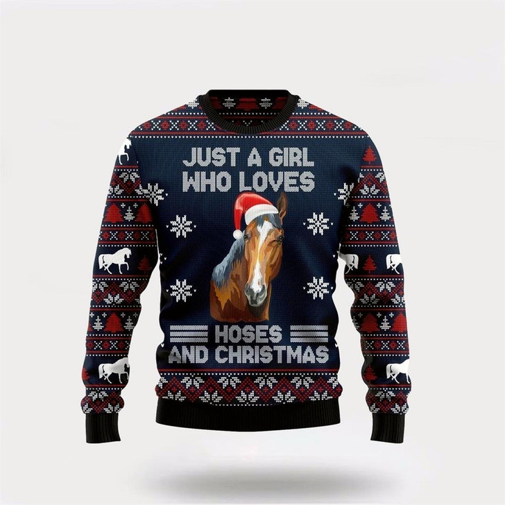 Goofygearprints Farmers Sweater, Just A Girl Who Loves Horse Ugly Christmas Sweater, Christmas Crewneck Sweater, Winter Farm Fashion