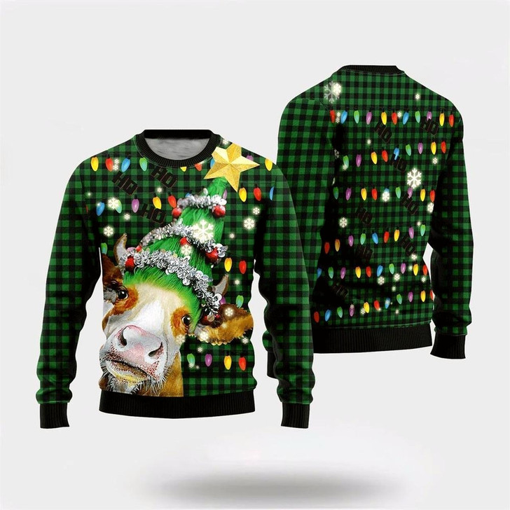 Goofygearprints Farmers Sweater, Ho Ho Ho Cow Christmas Tree Ugly Christmas Sweater, Christmas Crewneck Sweater, Winter Farm Fashion