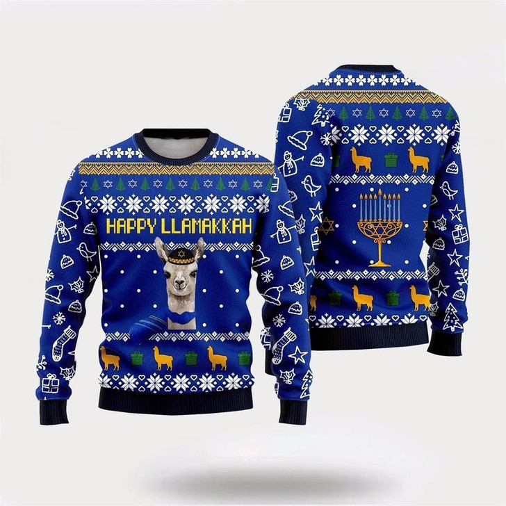 Goofygearprints Farmers Sweater, Happy Llamakkah Ugly Christmas Sweater, Christmas Crewneck Sweater, Winter Farm Fashion