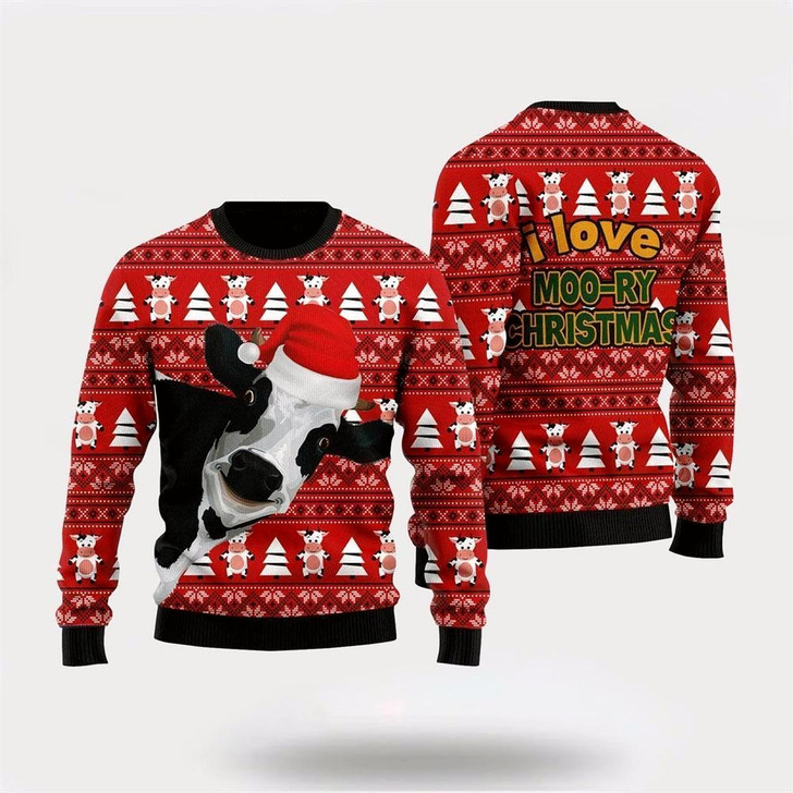 Goofygearprints Farmers Sweater, Funny Cow I Love Moo-ry Christmas Ugly Christmas Sweater, Christmas Crewneck Sweater, Winter Farm Fashion