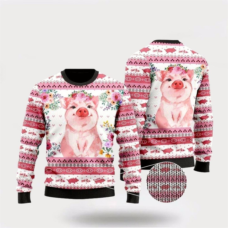 Goofygearprints Farmers Sweater, Floral Pink Piggy Ugly Christmas Sweater, Christmas Crewneck Sweater, Winter Farm Fashion