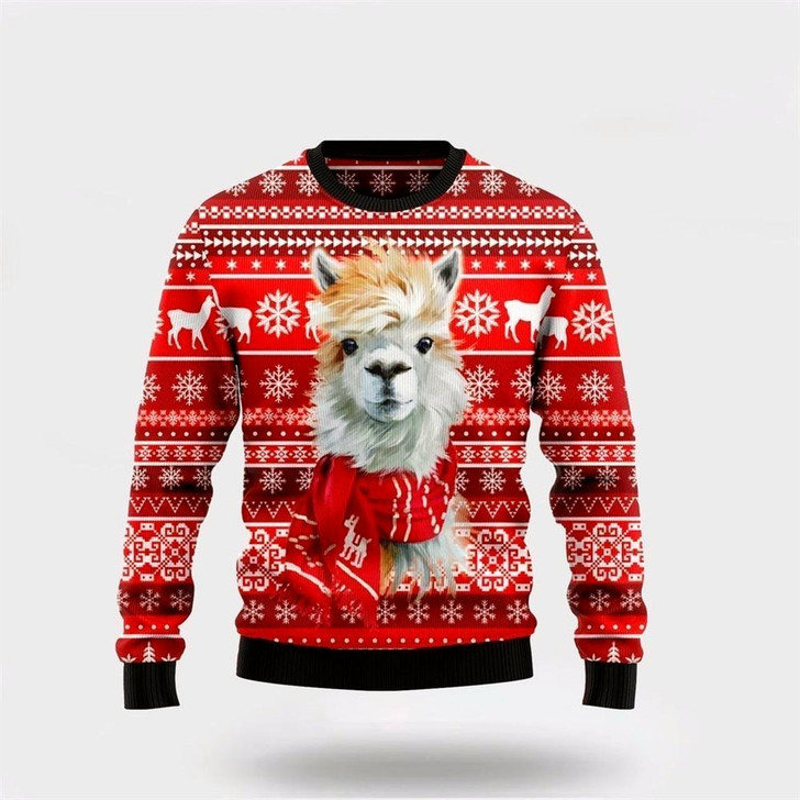 Goofygearprints Farmers Sweater, Festive Llama Ugly Christmas Sweater, Christmas Crewneck Sweater, Winter Farm Fashion