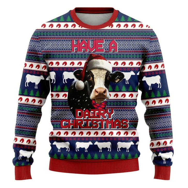 Goofygearprints Farmers Sweater, Dairy Cow Merry Christmass Ugly Christmas Sweater, Christmas Crewneck Sweater, Winter Farm Fashion