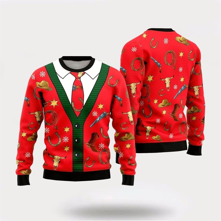 Goofygearprints Farmers Sweater, Cowboy Pattern Christmas Red Ugly Christmas Sweater, Christmas Crewneck Sweater, Winter Farm Fashion