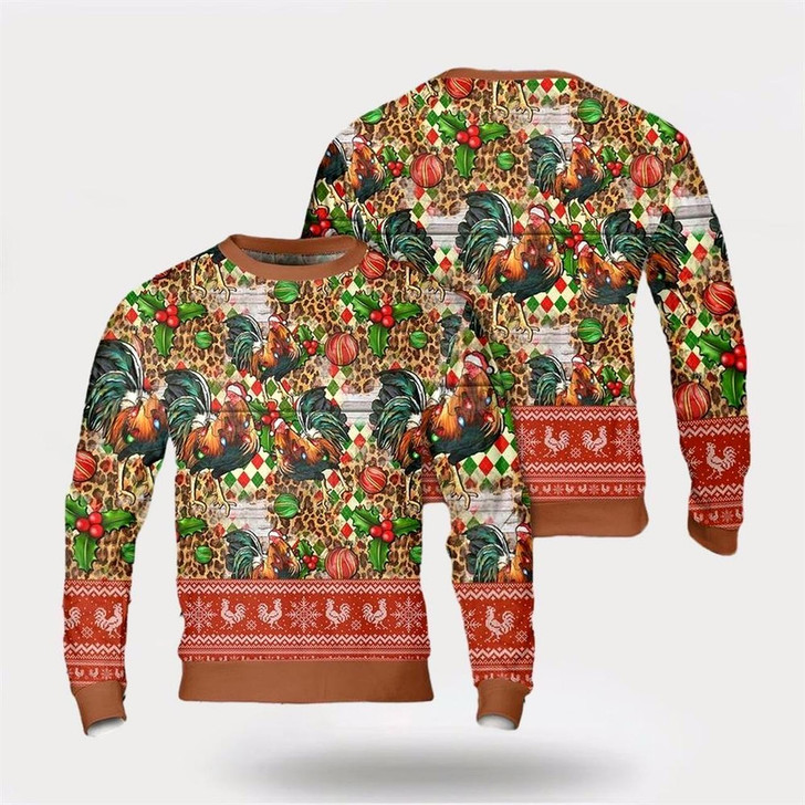 Goofygearprints Farmers Sweater, Christmas Leopard Chicken Seamless Pattern Ugly Christmas Sweater, Christmas Crewneck Sweater, Winter Farm Fashion