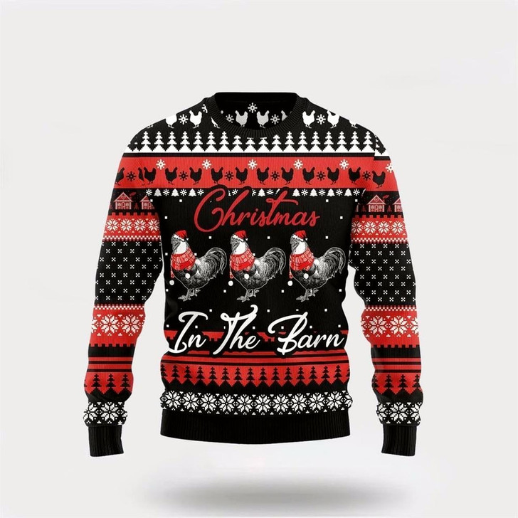Goofygearprints Farmers Sweater, Chicken In The Barn Ugly Christmas Sweater, Christmas Crewneck Sweater, Winter Farm Fashion
