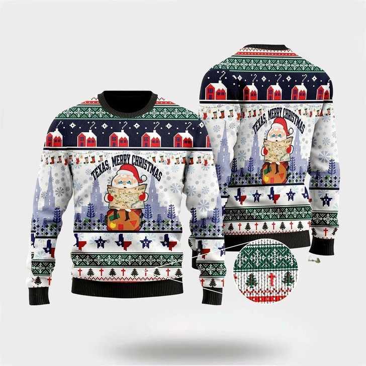 Goofygearprints Texas Merry Christmas Jesus Santa Claus Ugly Christmas Sweater, Best Gift For Holiday, Christmas Crewneck Sweater, Christmas Winter Fashion
