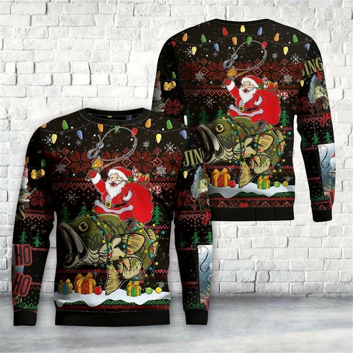 Goofygearprints Santa Riding Bass Fish Ugly Christmas Sweater, Best Gift For Holiday, Christmas Crewneck Sweater, Christmas Winter Fashion