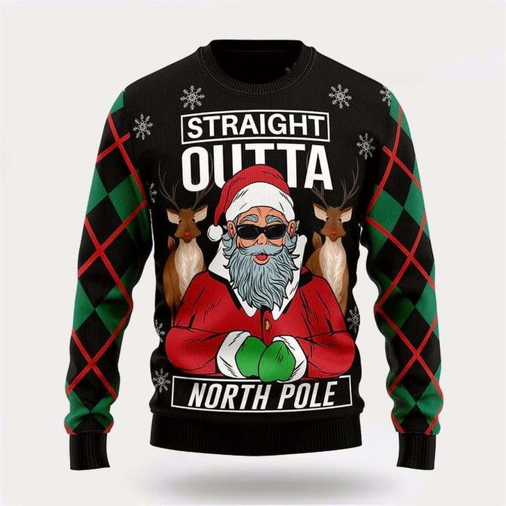 Goofygearprints Santa Claus Straight Outta North Pole Ugly Christmas Sweater, Best Gift For Holiday, Christmas Crewneck Sweater, Christmas Winter Fashion