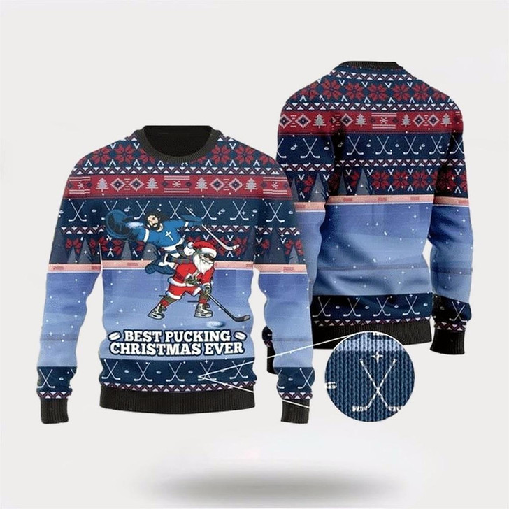 Goofygearprints Santa Claus For Ice Hokey Lovers Ugly Christmas Sweater, Best Gift For Holiday, Christmas Crewneck Sweater, Christmas Winter Fashion