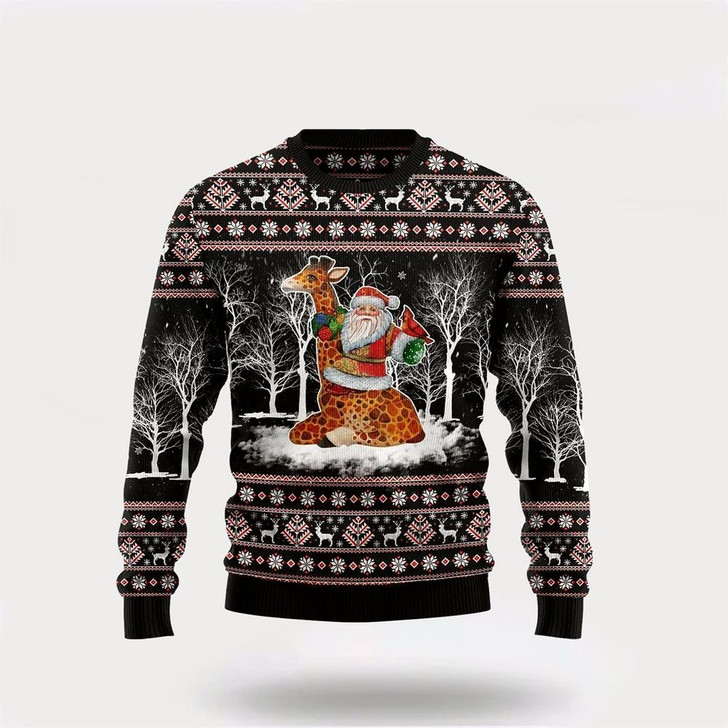 Goofygearprints Giraffe Santa Claus Ugly Christmas Sweater, Best Gift For Holiday, Christmas Crewneck Sweater, Christmas Winter Fashion
