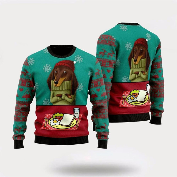 Goofygearprints Pet Dog Sweater, Funny Dachshund BreakfastUgly Christmas Sweater, Gift For Dog Love, Winter Fashion