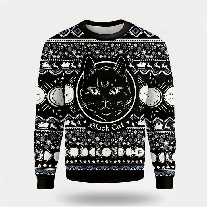 Goofygearprints Pet Cat Sweater, Moon Phase Cute Cat Christmas Wicca Ugly Christmas Sweater, Gift For Cat Love, Cat Crewneck Sweater, Winter Fashion