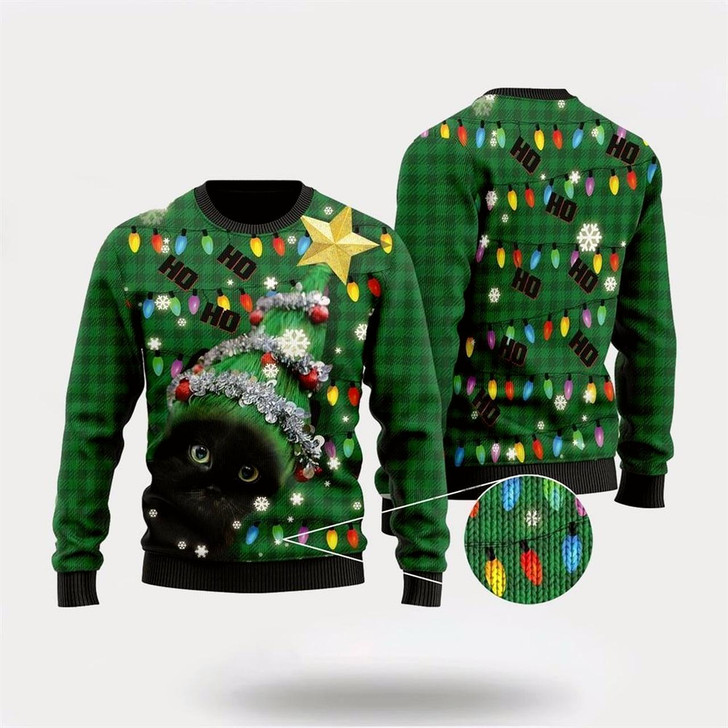 Goofygearprints Pet Cat Sweater, Ho Ho Ho Black Cat Christmas Tree Ugly Christmas Sweater, Gift For Cat Love, Cat Crewneck Sweater, Winter Fashion