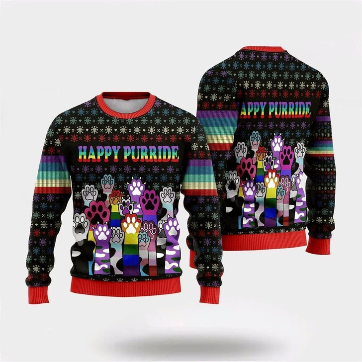 Goofygearprints Pet Cat Sweater, Cute Cat Paw Sweater Happy Purride Ugly Christmas Sweater, Gift For Cat Love, Cat Crewneck Sweater, Winter Fashion