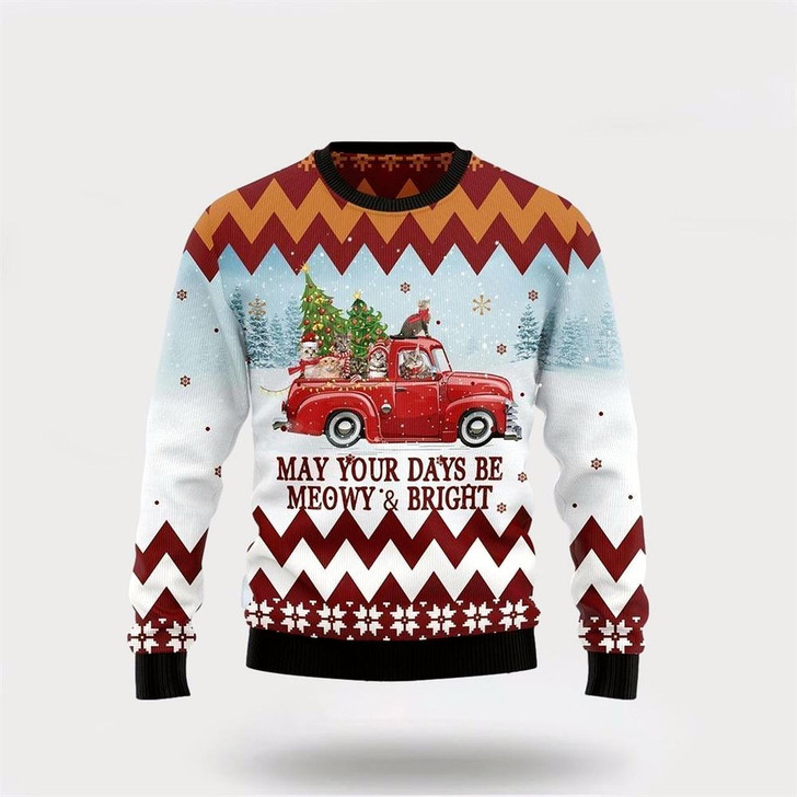 Goofygearprints Pet Cat Sweater, Cat Red Truck Ugly Christmas Sweater, Gift For Cat Love, Cat Crewneck Sweater, Winter Fashion