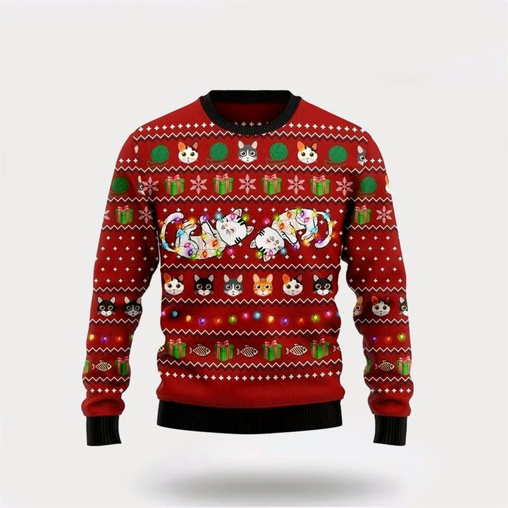 Goofygearprints Pet Cat Sweater, Cat Light Ugly Christmas Sweater, Gift For Cat Love, Cat Crewneck Sweater, Winter Fashion