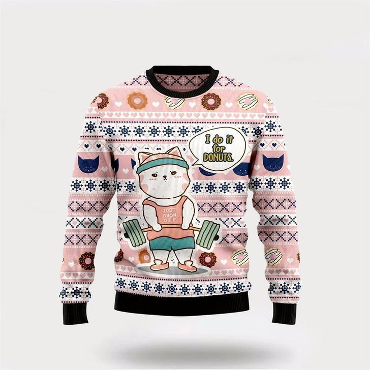 Goofygearprints Pet Cat Sweater, Cat I Do It For Donuts Ugly Christmas Sweater, Gift For Cat Love, Cat Crewneck Sweater, Winter Fashion