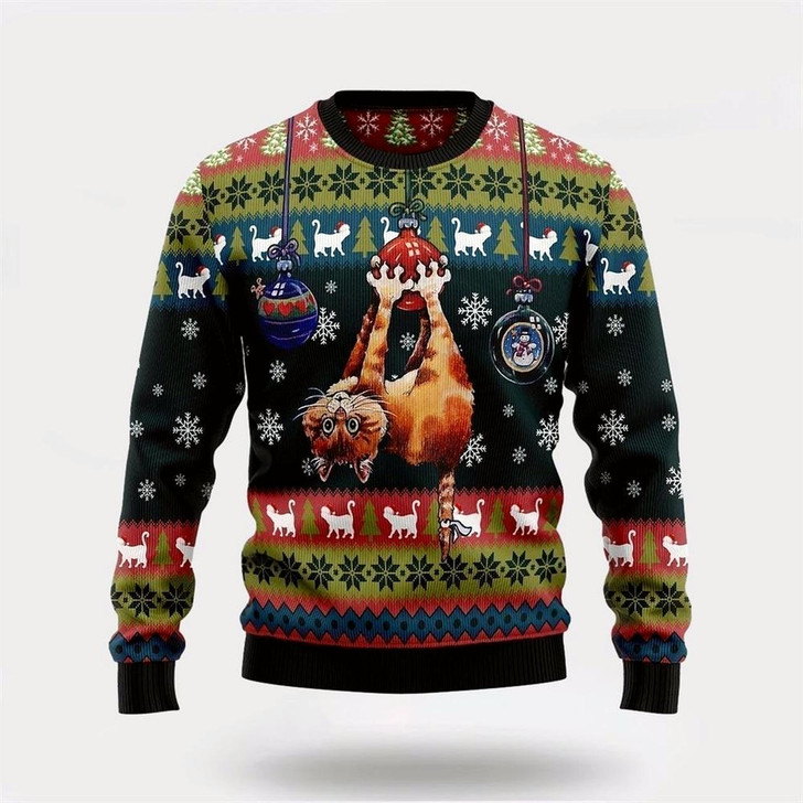 Goofygearprints Pet Cat Sweater, Cat Hanging On Xmas Tree Ugly Christmas Sweater, Gift For Cat Love, Cat Crewneck Sweater, Winter Fashion