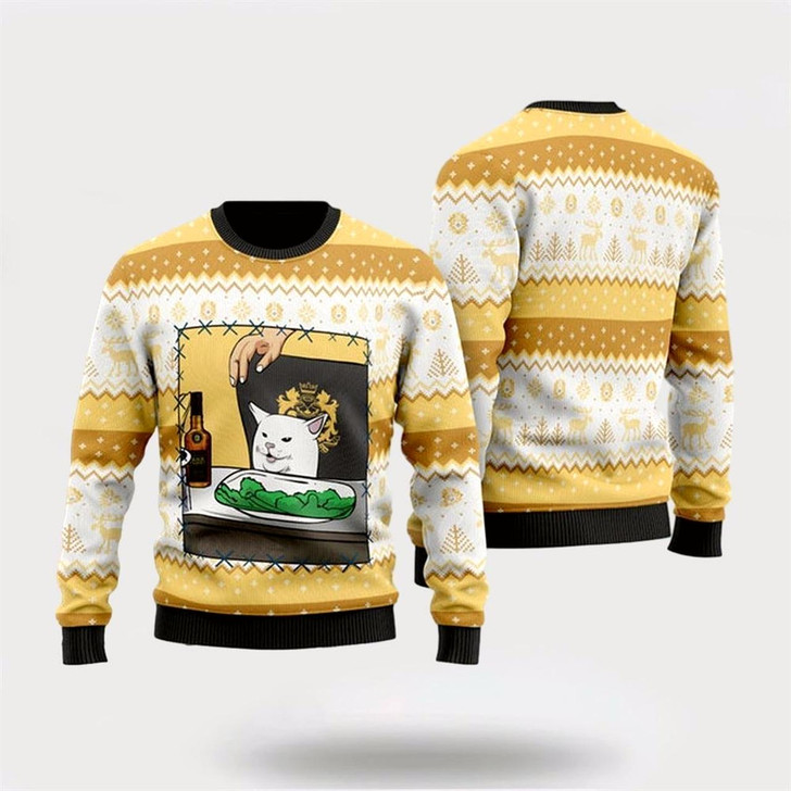 Goofygearprints Pet Cat Sweater, Black Velvet Whisky Cat Meme Christmas Ugly Christmas Sweater, Gift For Cat Love, Cat Crewneck Sweater, Winter Fashion