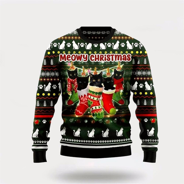 Goofygearprints Pet Cat Sweater, Black Cat Socks Ugly Christmas Sweater, Gift For Cat Love, Cat Crewneck Sweater, Winter Fashion