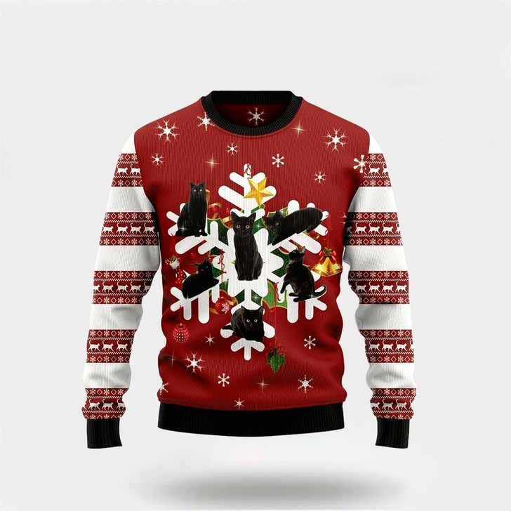 Goofygearprints Pet Cat Sweater, Black Cat Snowflake Ugly Christmas Sweater, Gift For Cat Love, Cat Crewneck Sweater, Winter Fashion