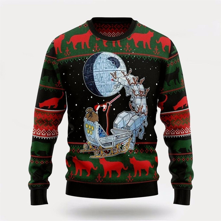 Goofygearprints Pet Cat Sweater, Black Cat Sleigh To Death Star Ugly Christmas Sweater, Gift For Cat Love, Cat Crewneck Sweater, Winter Fashion