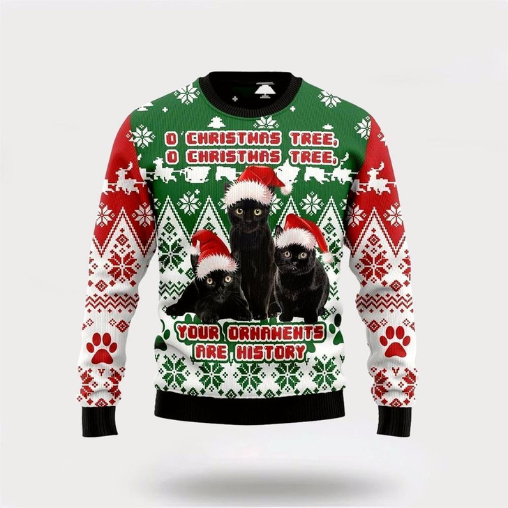 Goofygearprints Pet Cat Sweater, Black Cat Oh Christmas Tree Ugly Christmas Sweater, Gift For Cat Love, Cat Crewneck Sweater, Winter Fashion