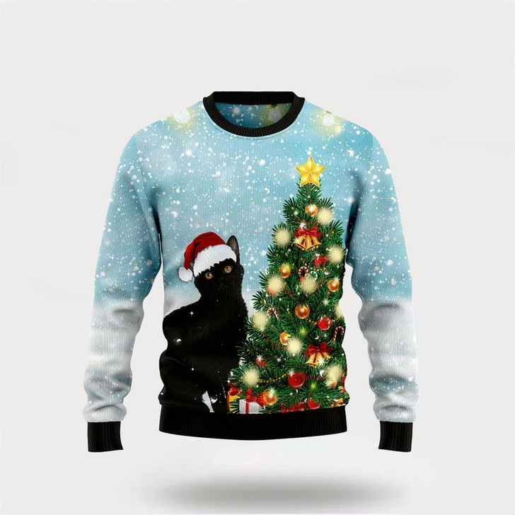 Goofygearprints Pet Cat Sweater, Black Cat Noel Tree Ugly Christmas Sweater, Gift For Cat Love, Cat Crewneck Sweater, Winter Fashion