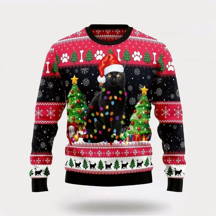 Goofygearprints Pet Cat Sweater, Black Cat Light Ugly Christmas Sweater, Gift For Cat Love, Cat Crewneck Sweater, Winter Fashion