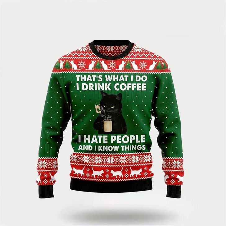 Goofygearprints Pet Cat Sweater, Black Cat Drink Coffee I Hate People Ugly Christmas Sweater, Gift For Cat Love, Cat Crewneck Sweater, Winter Fashion