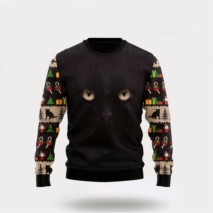 Goofygearprints Pet Cat Sweater, Black Cat Cute Face Ugly Christmas Sweater, Gift For Cat Love, Cat Crewneck Sweater, Winter Fashion