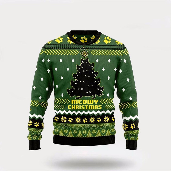 Goofygearprints Pet Cat Sweater, Black Cat Christmas Tree Funny Family Ugly Christmas Sweater, Gift For Cat Love, Cat Crewneck Sweater, Winter Fashion