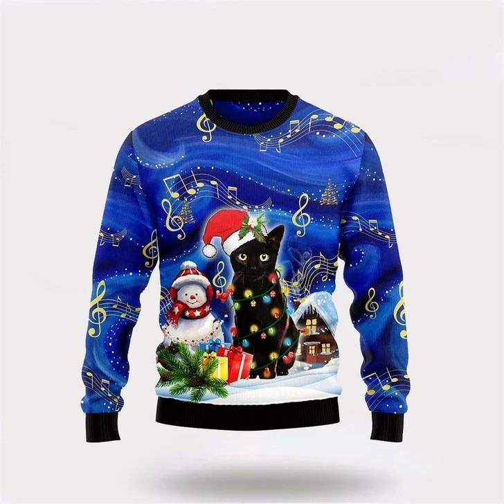Goofygearprints Pet Cat Sweater, Black Cat Christmas Night Funny Family Ugly Christmas Sweater, Gift For Cat Love, Cat Crewneck Sweater, Winter Fashion